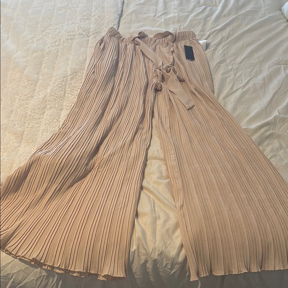 Pleated Wide-Leg Pants in Beige